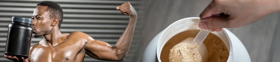 man showing off his biceps while kissing his protein powder container