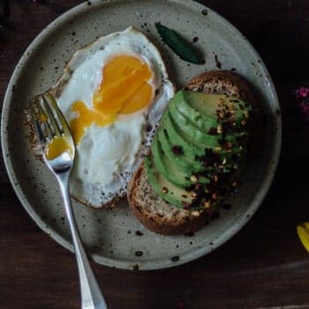 fried eggs and bread with avocado on a plate