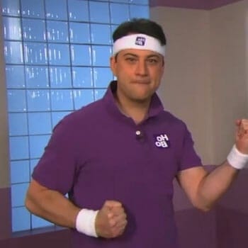 jimmy kimmel wearing a purple shirt and headband