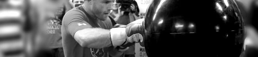 black and white image of a man punching an aqua bag