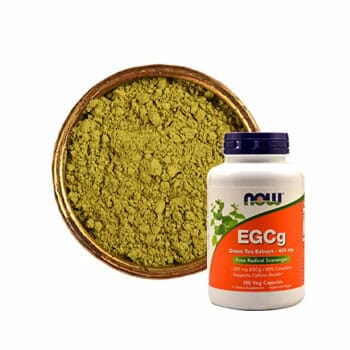 EGCq green tea extract container with a bowl of green powder