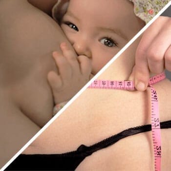 close up image of a woman breastfeeding and a woman using a measuring tape on her waist