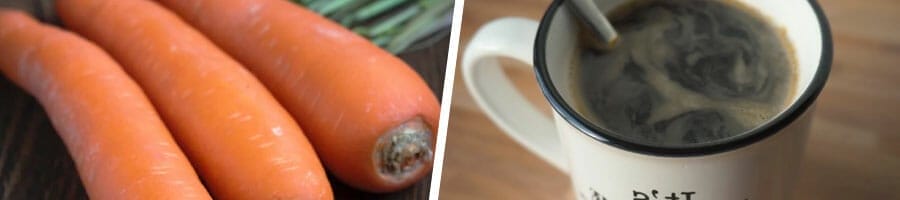 3 pieces of fresh carrots, cup filled with black coffee