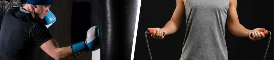 man using a punching bag, man working out with a jump rope