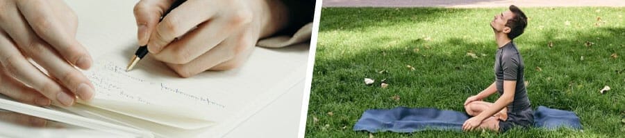 person writing on a notebook, man doing his meditation in a park