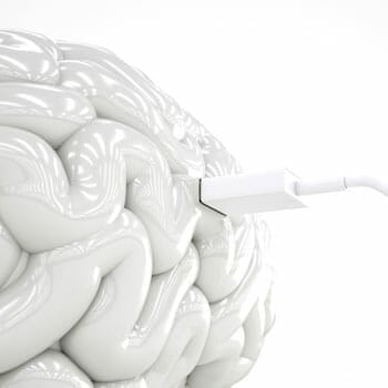usb cable charging a white 3d brain