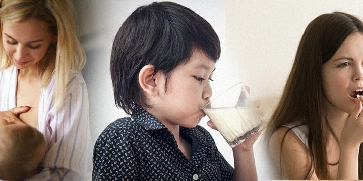 A mother breastfeeding an infant; An Asian boy drinking milk, A teenager taking a vitamin