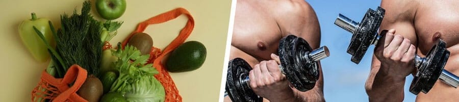 vegetable greens in a shopping bag, and two men working out with a dumbbell