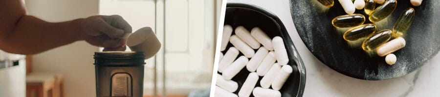 person pouring powder in a jug, two bowls filled with supplement pills