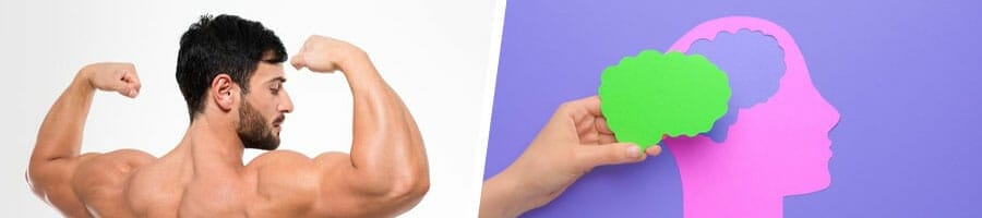 man flexing his back and arm muscles, woman holding a brain cutout