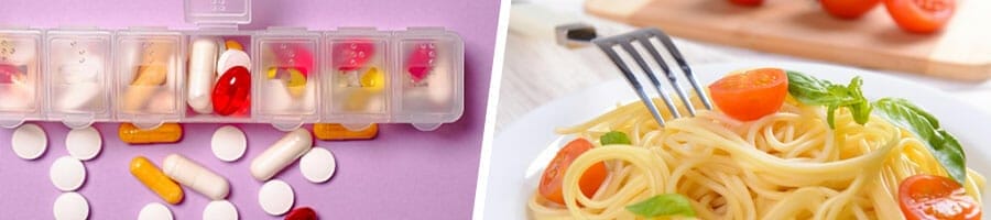 vitamins pills in a kit, plate filled with pasta and tomatoes