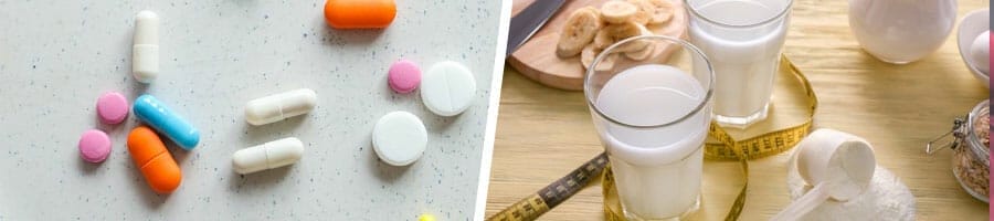 different vitamins scattered on the table, glasses of whey protein drinks