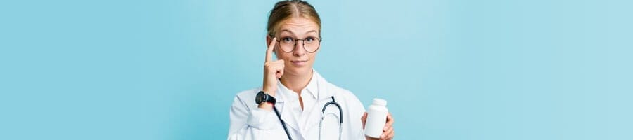 medical person holding out a capsule bottle while thinking