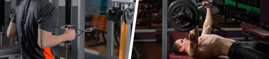 man doing machine rows and bench press in