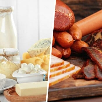 different dairy food on a table and different types of red meat in a tray