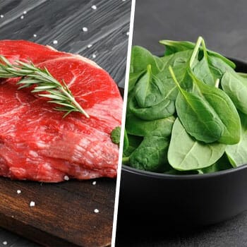 fresh cut red meat in a plate, and spinach leaves in a bowl