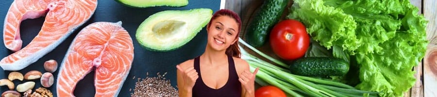 woman giving a thumbs with healthy food as background image