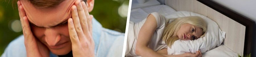 man holding his temples in pain, and a woman wide awake at while laying down in bed