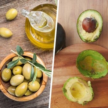 olives in a bowl and a glass of oil beside, and a play of sliced avocadoes