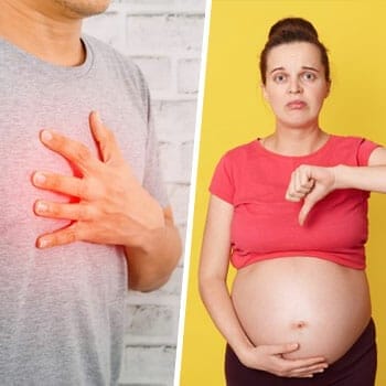 man holding his chest in pain, and a pregnant woman holding her belly and a thumbs down
