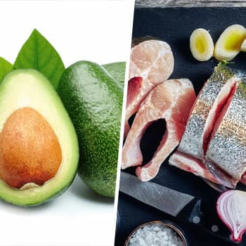close up image of a sliced avocado, and a tray filled with chopped fresh fish