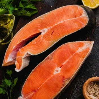 salmon meat sliced in two