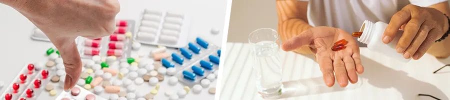Thumbs down hands with pills scattered, and a man holding up his medicine