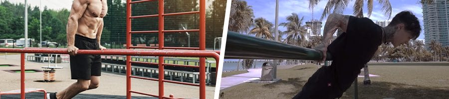 men doing chest dips at a park
