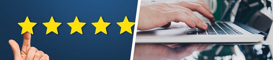 5 star rating and a man using a laptop