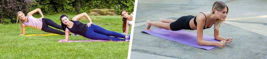 women using a yoga mat to do planks outdoors