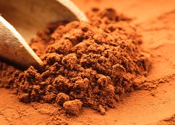 chocolate powder and spoon in a bowl