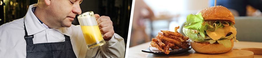 man chugging a glass of beer, and a plate of burger and fries