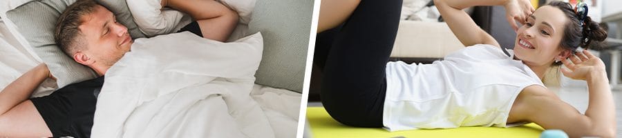 man in bed and a woman doing exercise