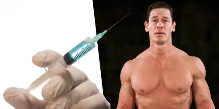 Close up shot of a syringe with John Cena using steroids