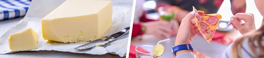sliced margarine and a woman eating pizza