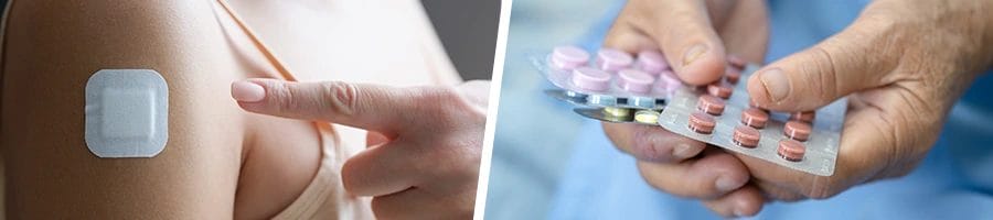 person pointing at her arm patch and handful of supplements