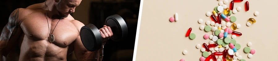 man using dumbbells and a stack of supplements