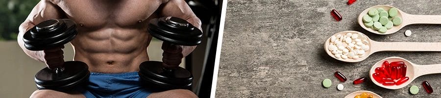 man with dumbbells and spoons of supplements