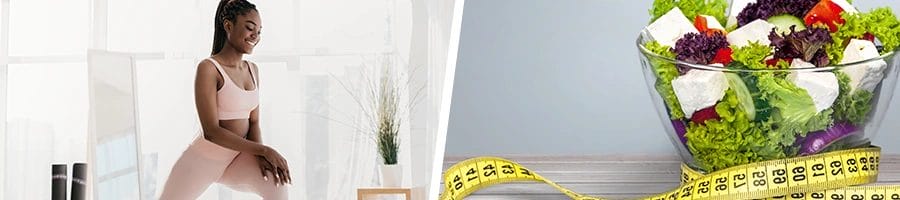 woman working out at home and a salad bowl with tape measure