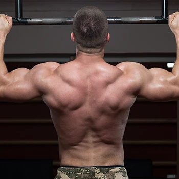 Showing back muscles, performing chin ups
