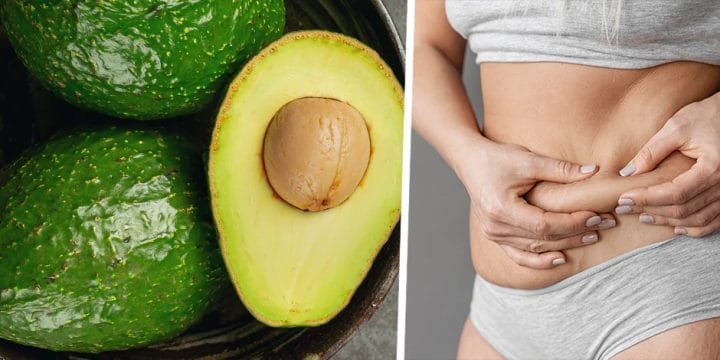 Avocado with a woman pinching her belly