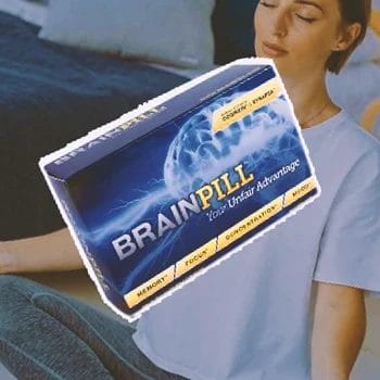 A person doing yoga with Brain Pill in the foreground