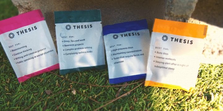 Thesis Nootropics products in a row on the grass