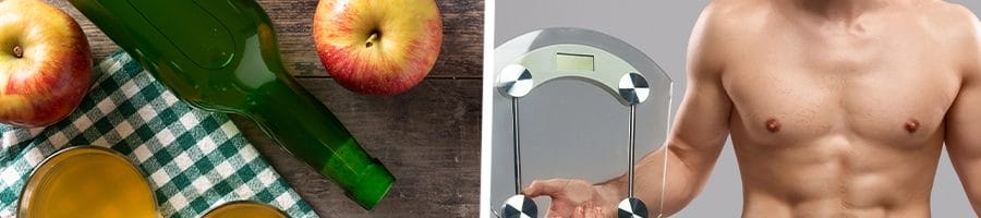 Top view of an apple cider vinegar bottle, a man holding a weighing scale
