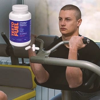 A male working out in the gym with TestoFuel in the upper left of the image