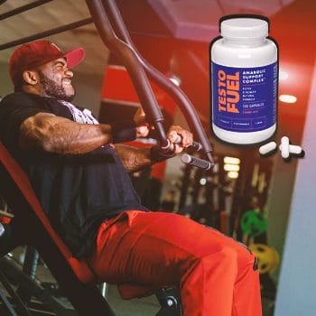 A buff male working out in the gym with TestoFuel at the top right