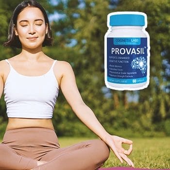 A woman doing yoga in the park with Provasil on the side