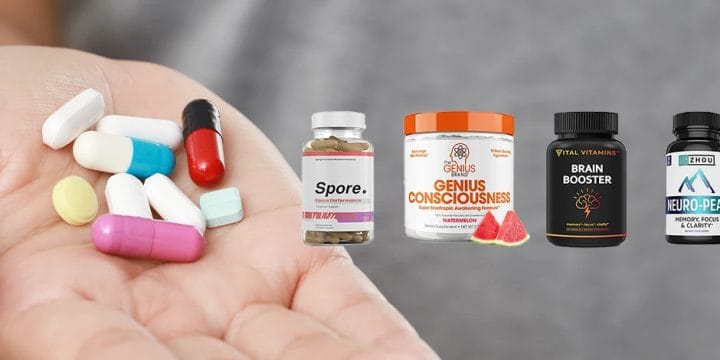 Holding Vegan Nootropics on hand, overlay of different products