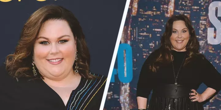 Side by side images of Chrissy Metz and her weight loss journey