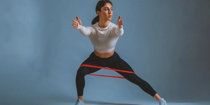 A woman doing a side lunge with a resistance band